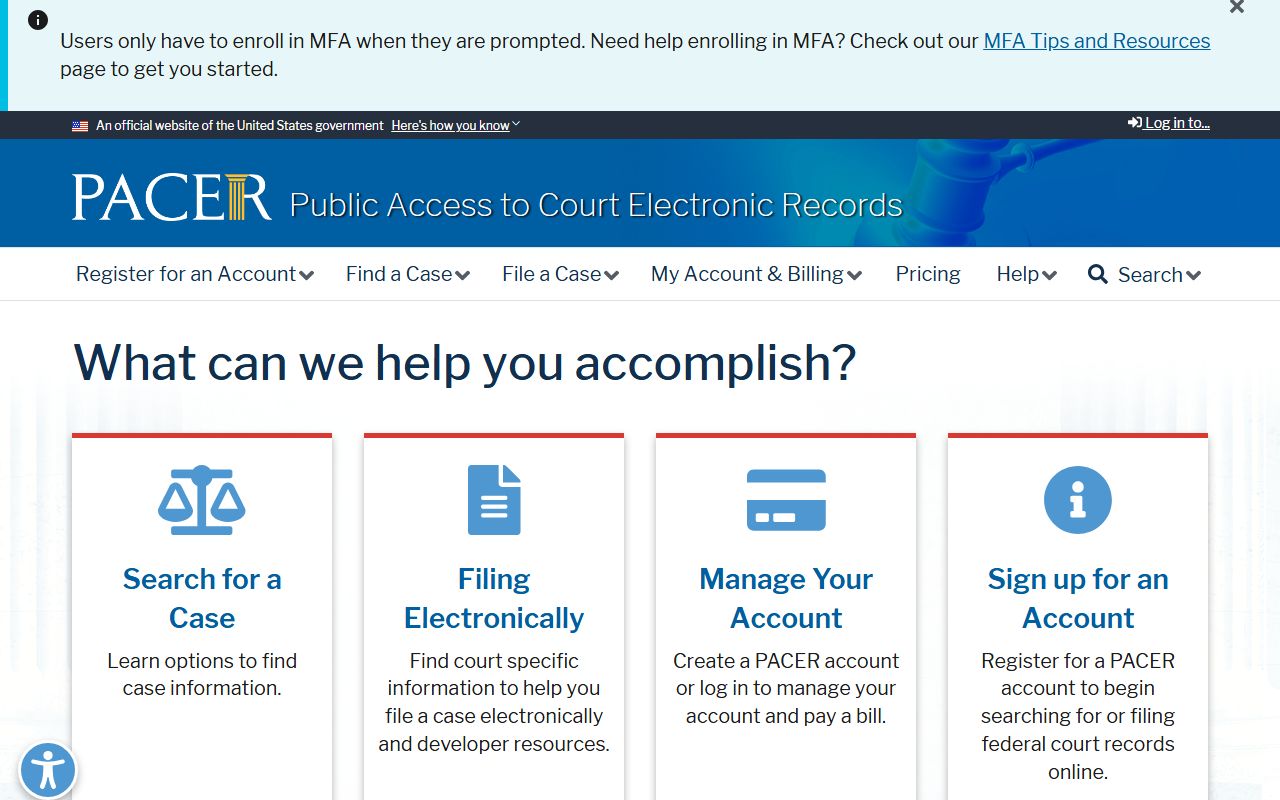 Federal PACER system for Arkansas federal criminal court records