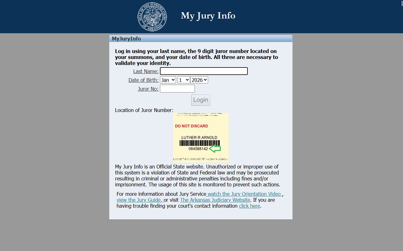 Arkansas My Jury Info portal for court services