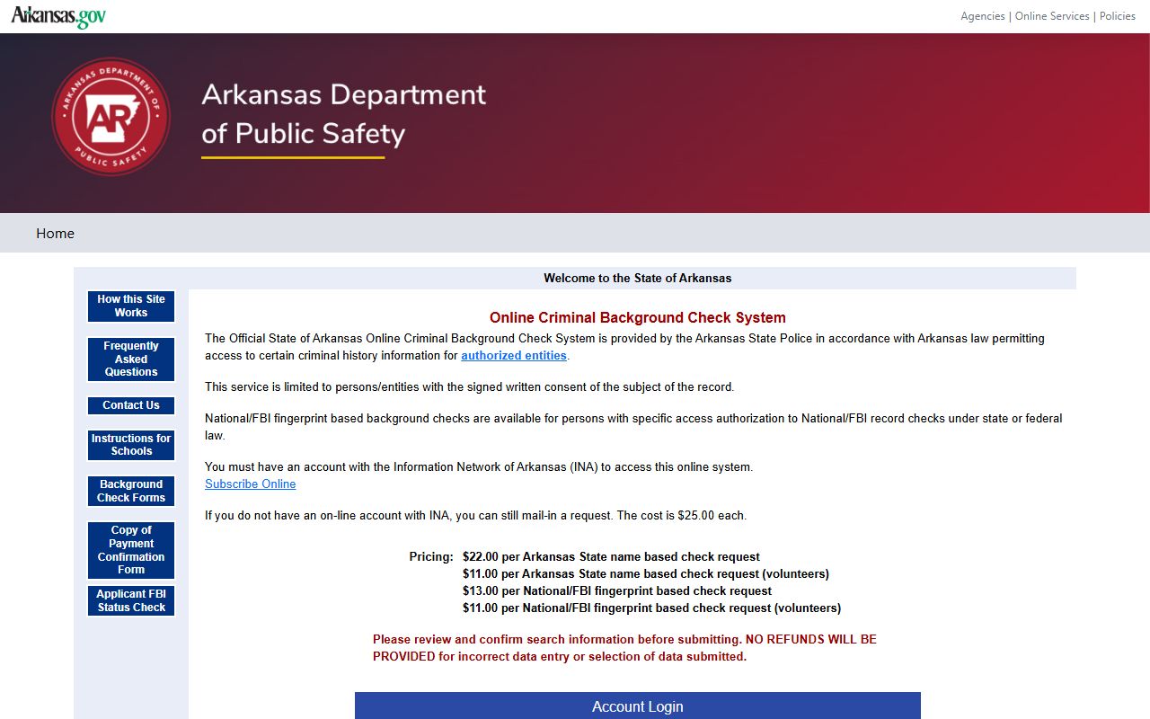 Arkansas State Police online criminal background check system